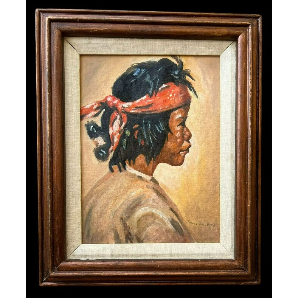Navajo Boy, James Smith Signed Original Oil On Board Framed San Diego Modernist